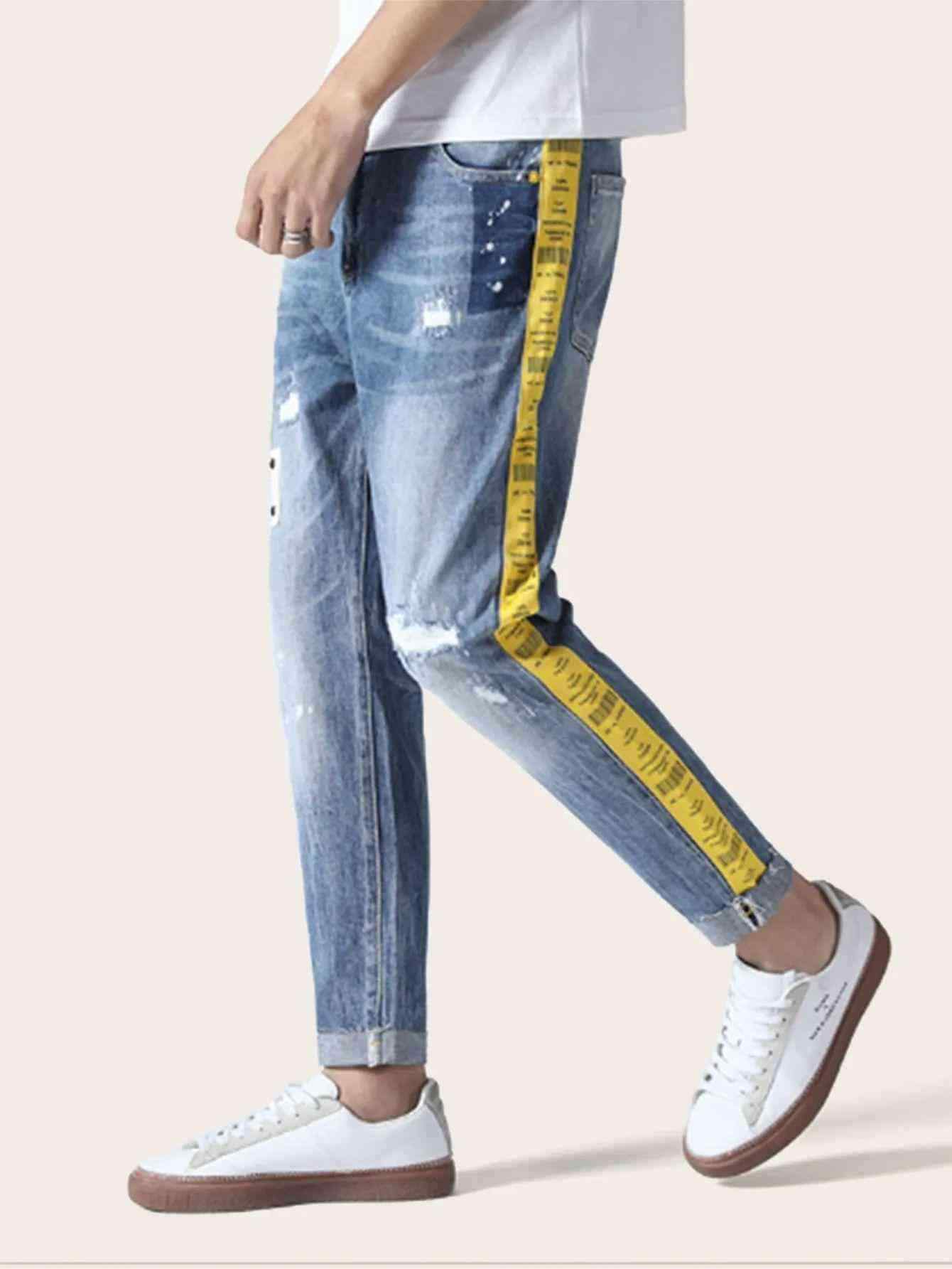 Men Contrast Side Ripped Jeans