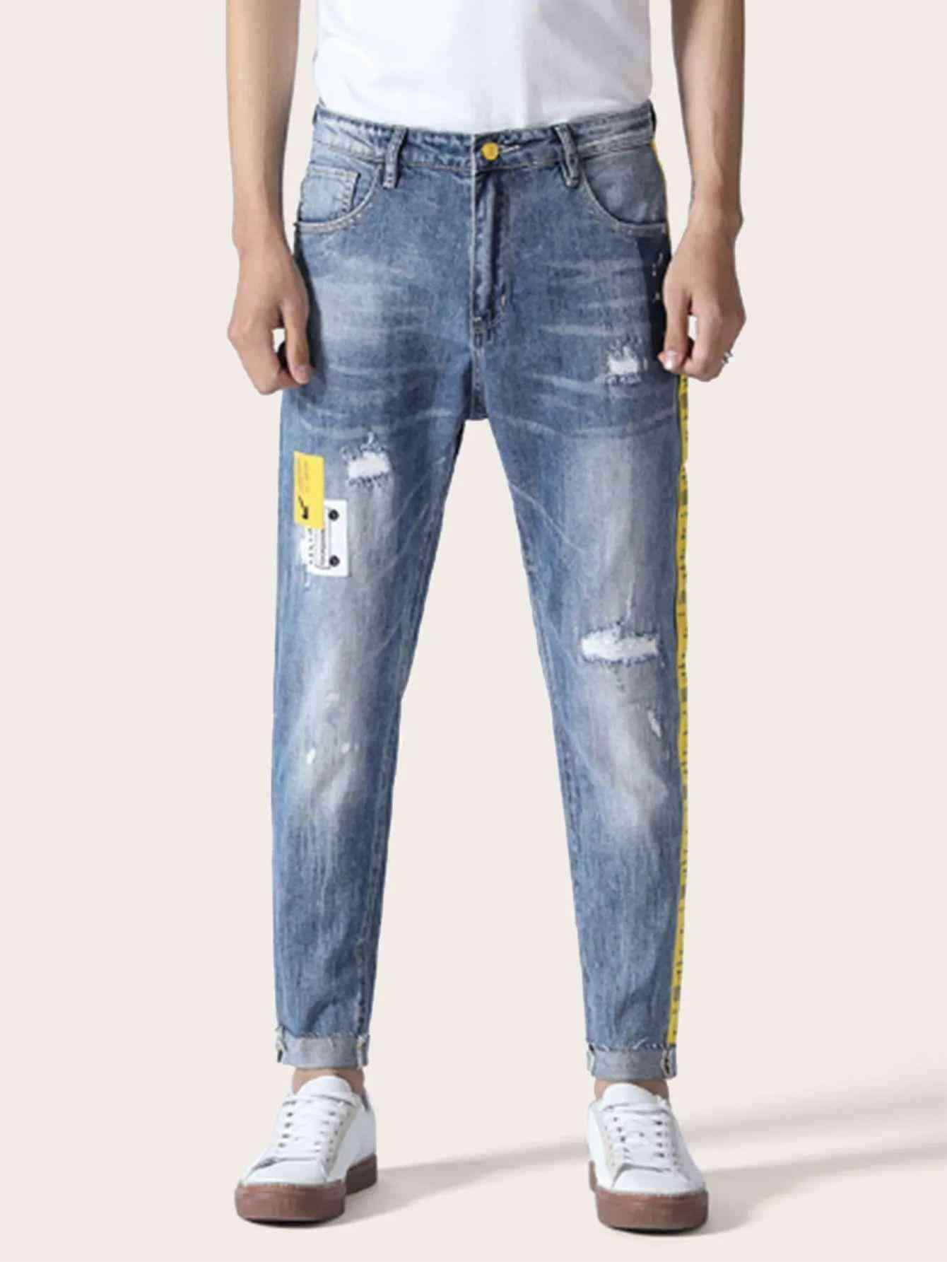 Men Contrast Side Ripped Jeans