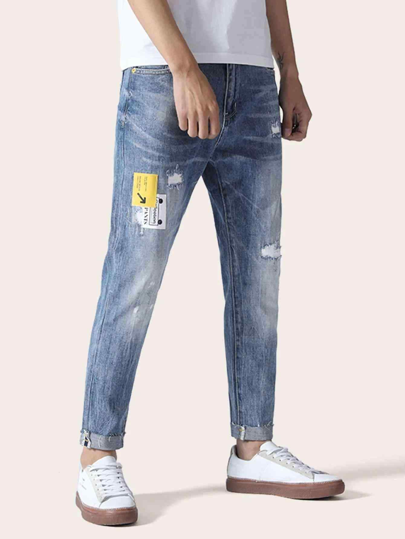 Men Contrast Side Ripped Jeans