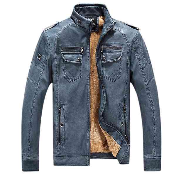 Outdoor Thicken Inside Fleece Multi-Pocket Epualets Motorcycle PU Leather Jacket for Men