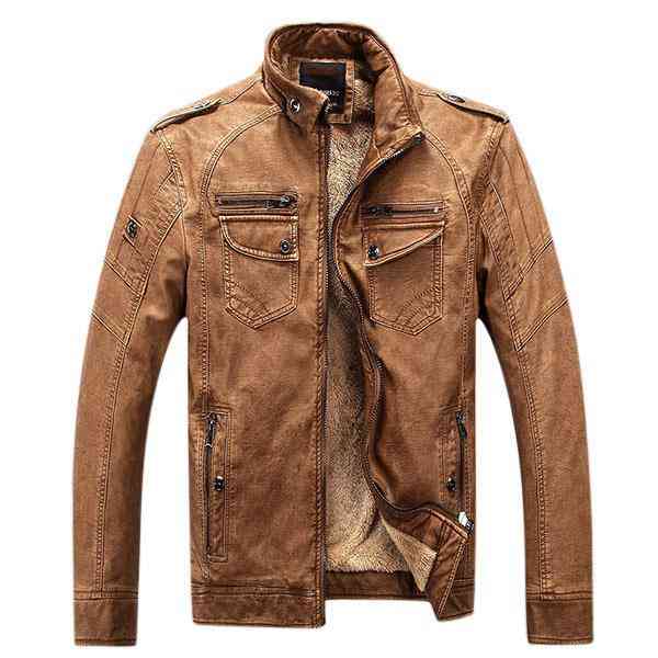 Outdoor Thicken Inside Fleece Multi-Pocket Epualets Motorcycle PU Leather Jacket for Men