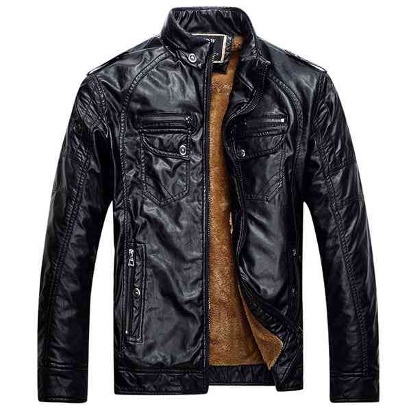 Outdoor Thicken Inside Fleece Multi-Pocket Epualets Motorcycle PU Leather Jacket for Men