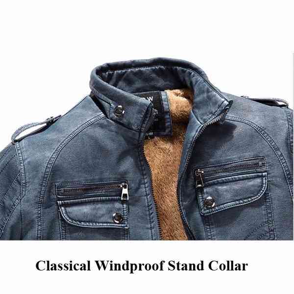 Outdoor Thicken Inside Fleece Multi-Pocket Epualets Motorcycle PU Leather Jacket for Men