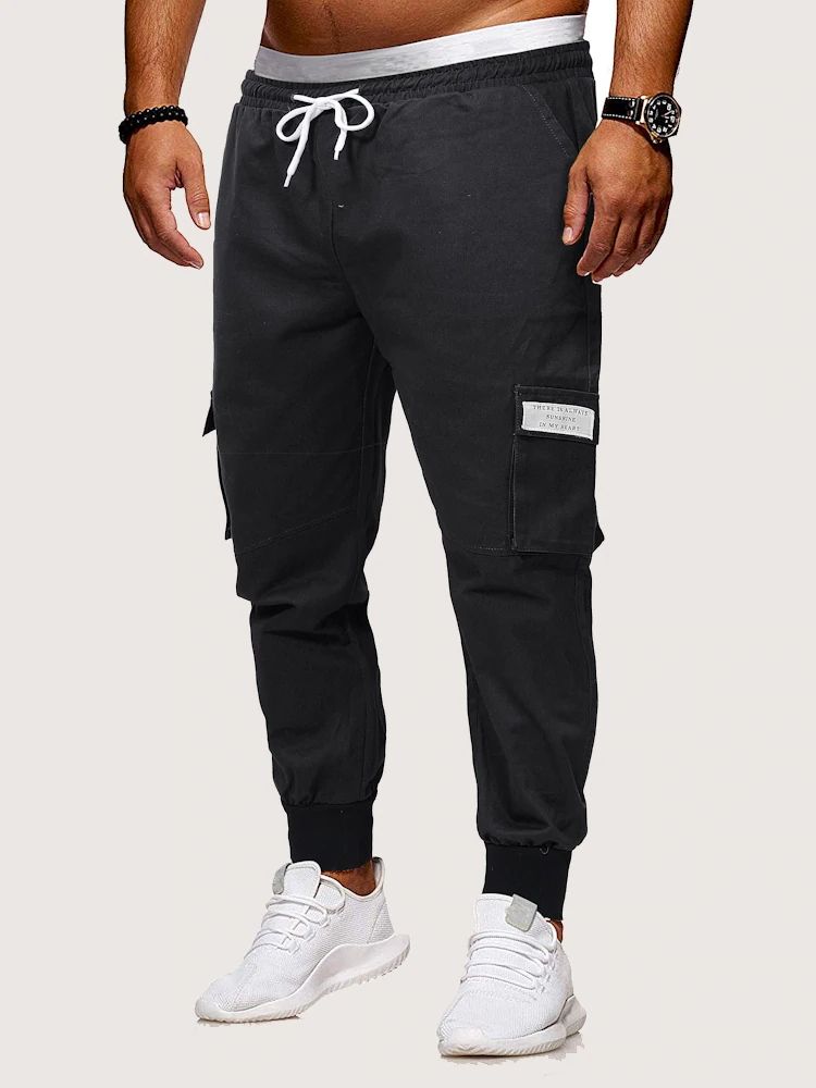 Men Drawstring Waist Pocket Side Cargo Pants