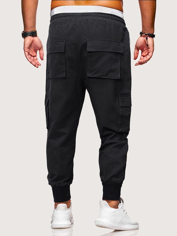 Men Drawstring Waist Pocket Side Cargo Pants