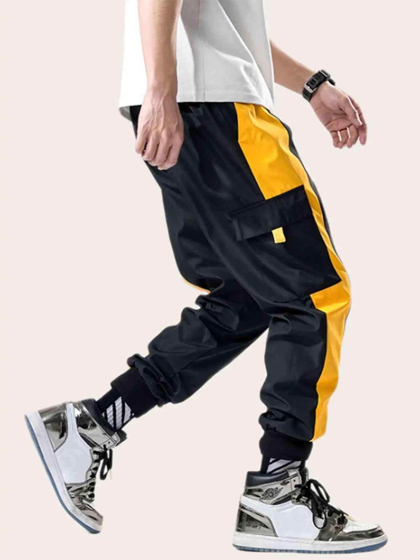 Men Side Flap Pocket Color-block Cargo Pants